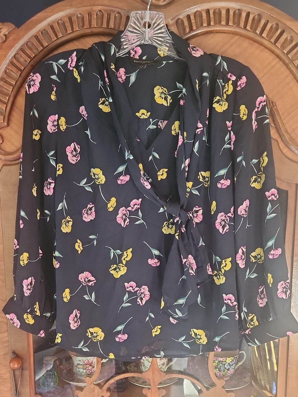 Banana Republic Navy Blue Floral Tie-Neck Blouse with Pink & Yellow Blooms